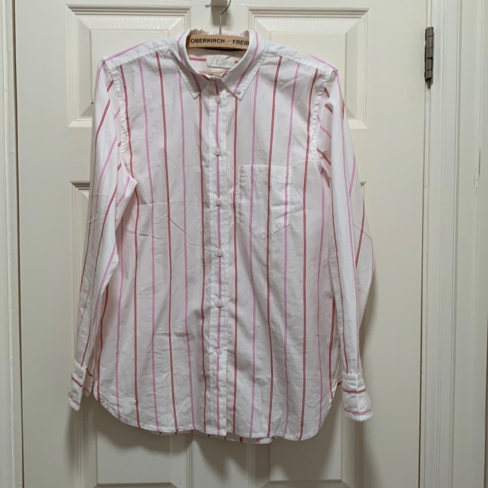 J. Crew womens size 4 long sleeved button down, white pink/red